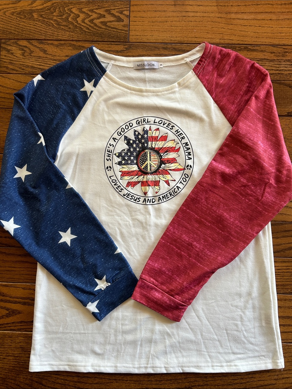 MISSLOOK Red, White & Blue Raglan Long Sleeve Tee with Star Sleeves